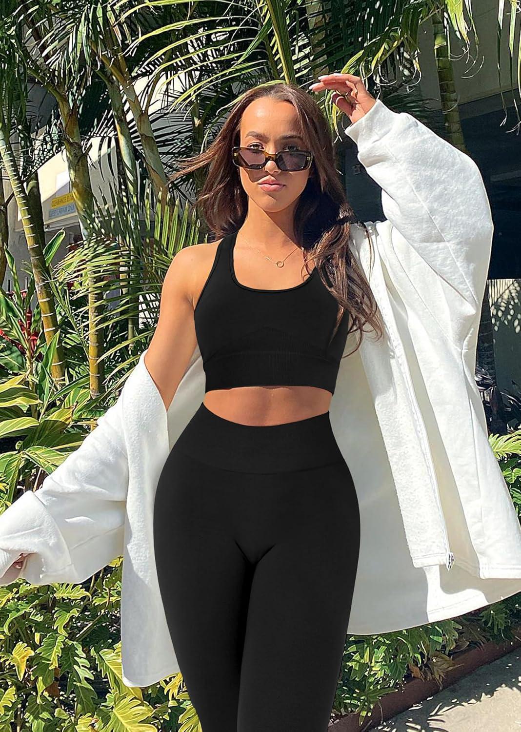 imageOLCHEE Womens Workout Sets 2 Piece Acid Wash Seamless Yoga Outfits High Waist Leggings Padded Racerback Sports Bra Gym SetSolid Black