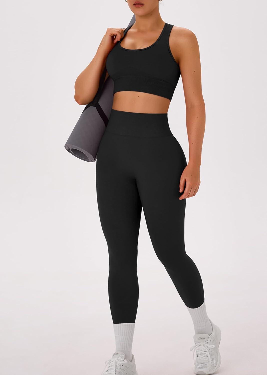 imageOLCHEE Womens Workout Sets 2 Piece Acid Wash Seamless Yoga Outfits High Waist Leggings Padded Racerback Sports Bra Gym SetSolid Black