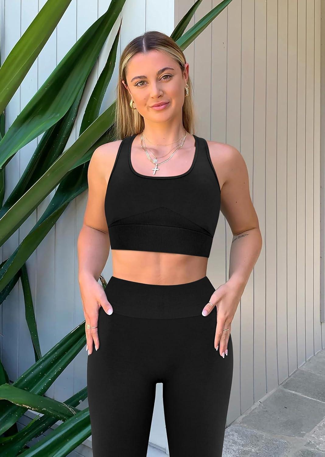 imageOLCHEE Womens Workout Sets 2 Piece Acid Wash Seamless Yoga Outfits High Waist Leggings Padded Racerback Sports Bra Gym SetSolid Black