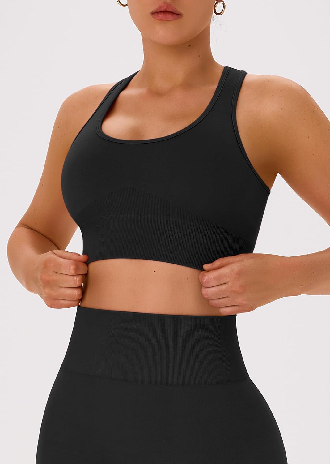 imageOLCHEE Womens Workout Sets 2 Piece Acid Wash Seamless Yoga Outfits High Waist Leggings Padded Racerback Sports Bra Gym SetSolid Black