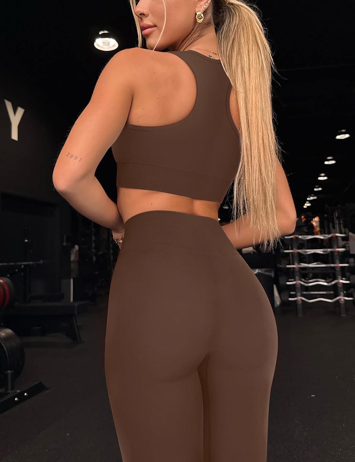 imageOLCHEE Womens Workout Sets 2 Piece Acid Wash Seamless Yoga Outfits High Waist Leggings Padded Racerback Sports Bra Gym SetSolid Brown