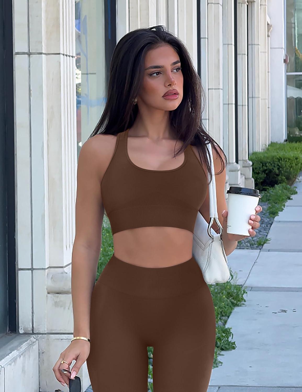 imageOLCHEE Womens Workout Sets 2 Piece Acid Wash Seamless Yoga Outfits High Waist Leggings Padded Racerback Sports Bra Gym SetSolid Brown