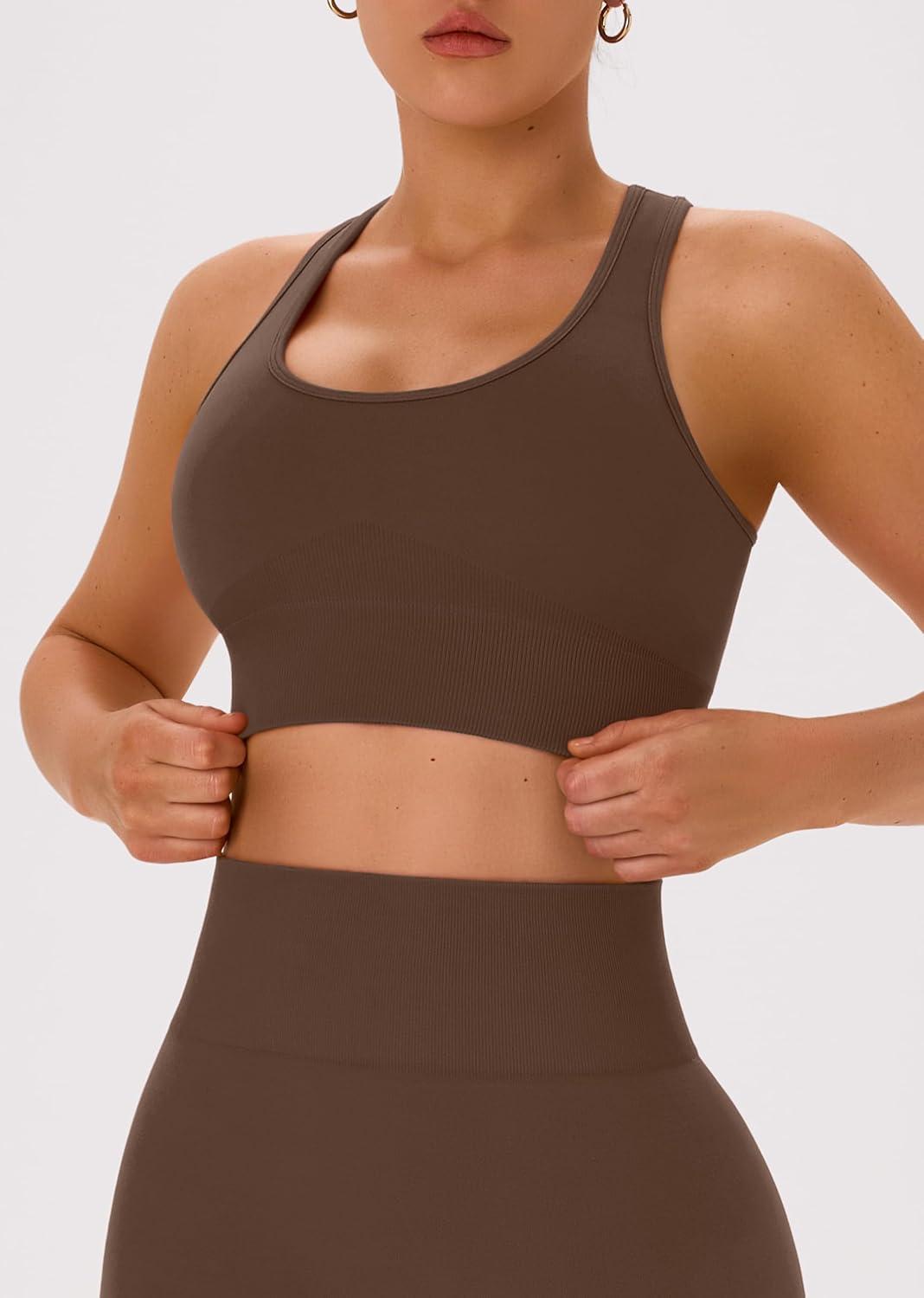 imageOLCHEE Womens Workout Sets 2 Piece Acid Wash Seamless Yoga Outfits High Waist Leggings Padded Racerback Sports Bra Gym SetSolid Brown