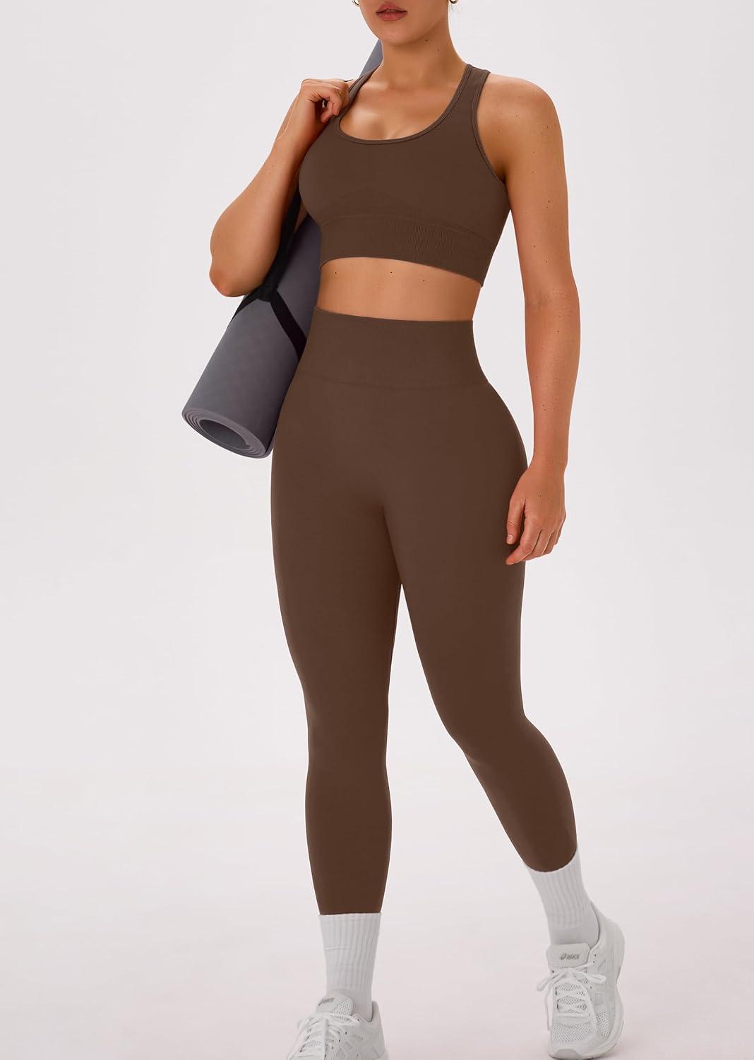 imageOLCHEE Womens Workout Sets 2 Piece Acid Wash Seamless Yoga Outfits High Waist Leggings Padded Racerback Sports Bra Gym SetSolid Brown