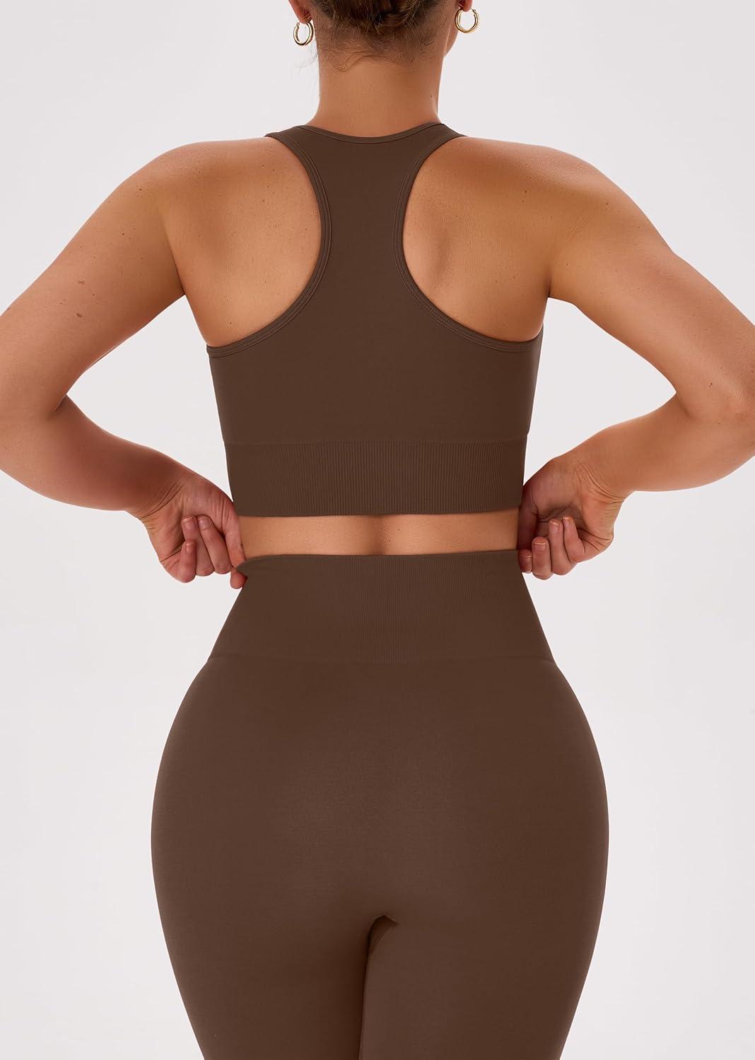 imageOLCHEE Womens Workout Sets 2 Piece Acid Wash Seamless Yoga Outfits High Waist Leggings Padded Racerback Sports Bra Gym SetSolid Brown