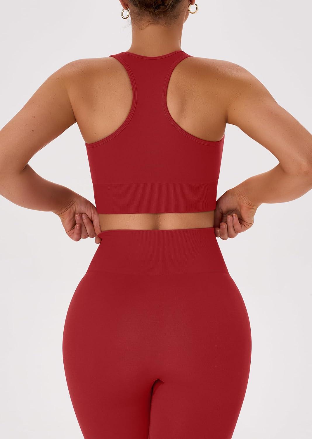 imageOLCHEE Womens Workout Sets 2 Piece Acid Wash Seamless Yoga Outfits High Waist Leggings Padded Racerback Sports Bra Gym SetSolid Red