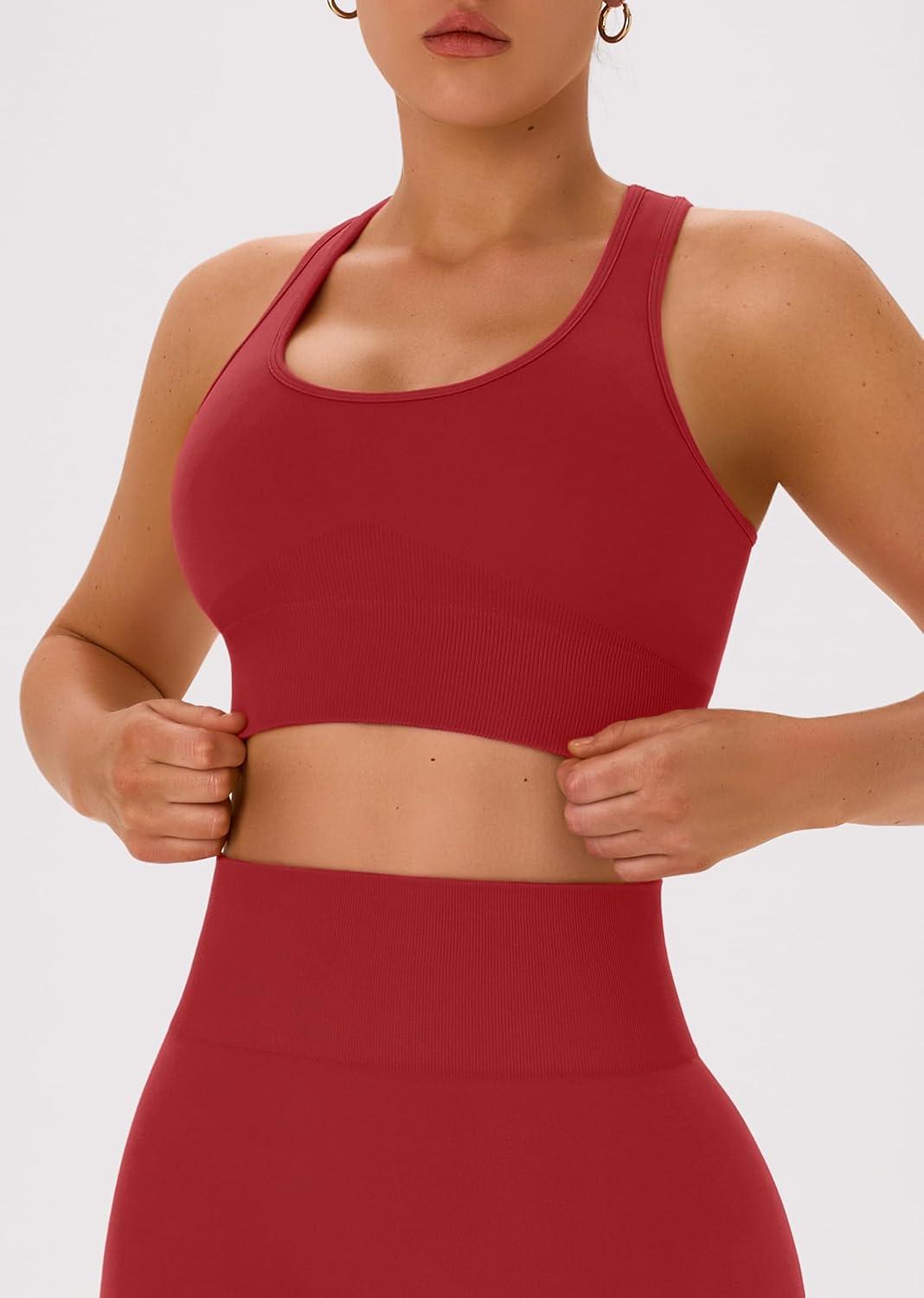 imageOLCHEE Womens Workout Sets 2 Piece Acid Wash Seamless Yoga Outfits High Waist Leggings Padded Racerback Sports Bra Gym SetSolid Red