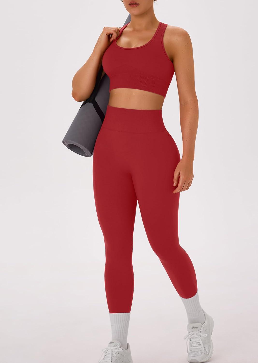 imageOLCHEE Womens Workout Sets 2 Piece Acid Wash Seamless Yoga Outfits High Waist Leggings Padded Racerback Sports Bra Gym SetSolid Red