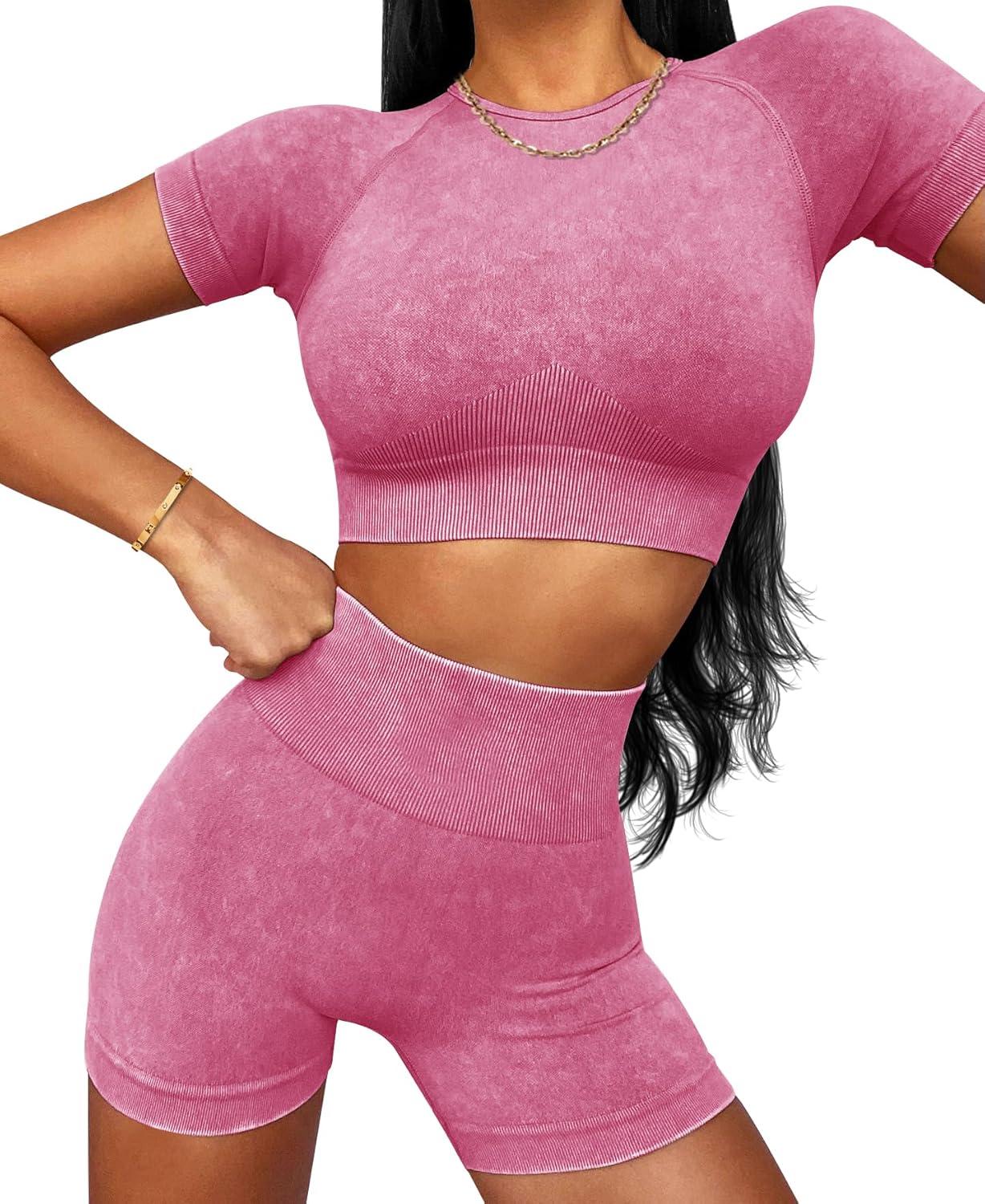 imageOLCHEE Womens Workout Sets 2 Piece Seamless Acid Wash Yoga Outfits Shorts and Crop Top Matching Gym Athletic Clothing Set2pk Black Pink