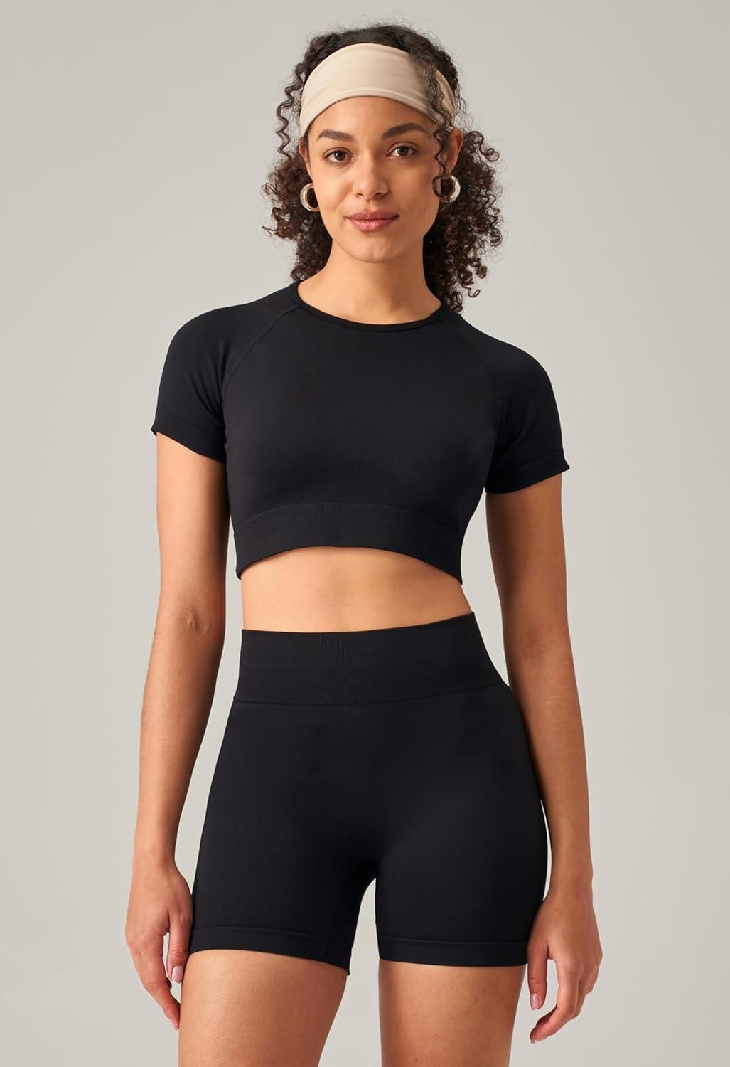 imageOLCHEE Womens Workout Sets 2 Piece Seamless Acid Wash Yoga Outfits Shorts and Crop Top Matching Gym Athletic Clothing SetShortsleeve Shorts Solid Black