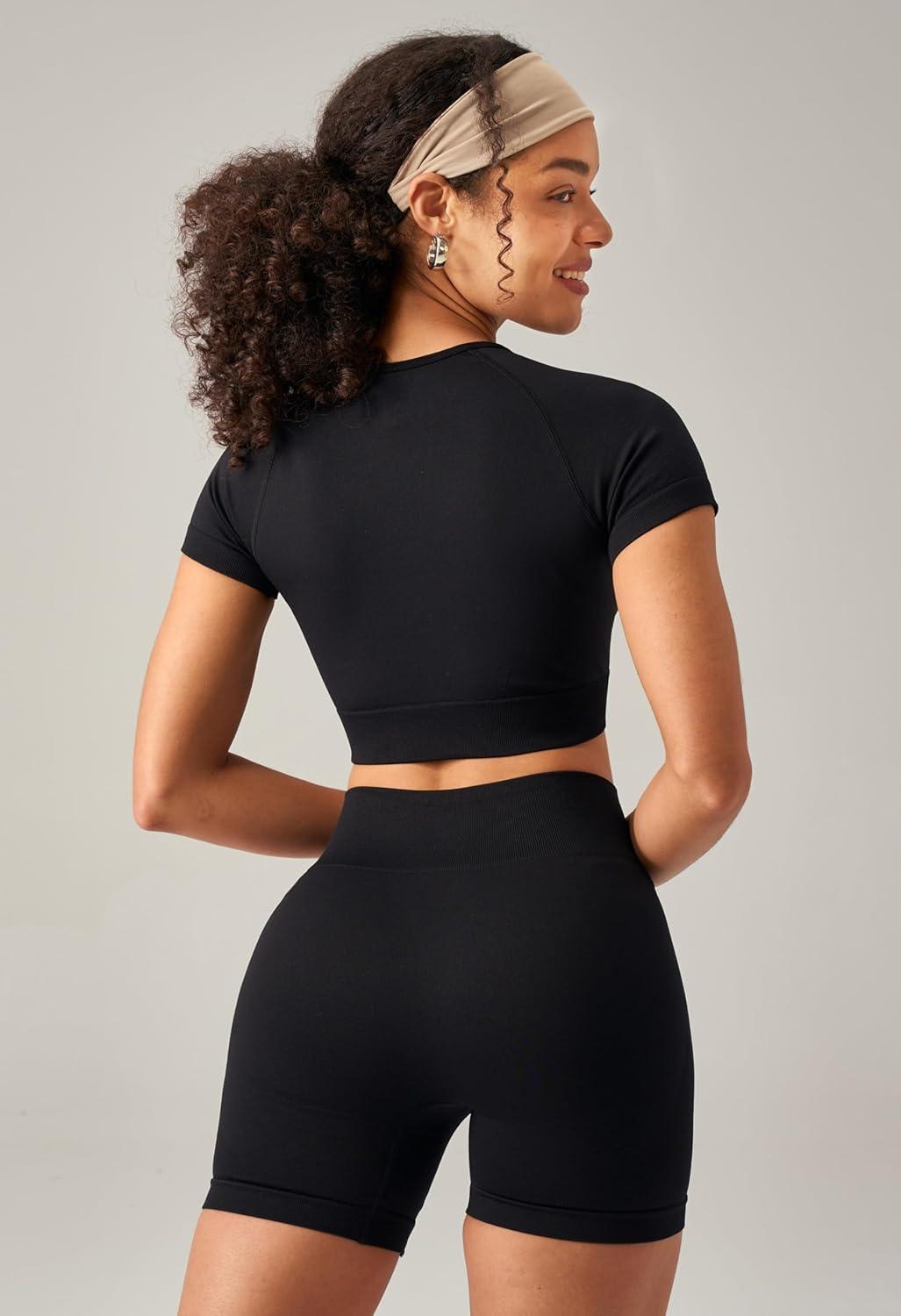 imageOLCHEE Womens Workout Sets 2 Piece Seamless Acid Wash Yoga Outfits Shorts and Crop Top Matching Gym Athletic Clothing SetShortsleeve Shorts Solid Black