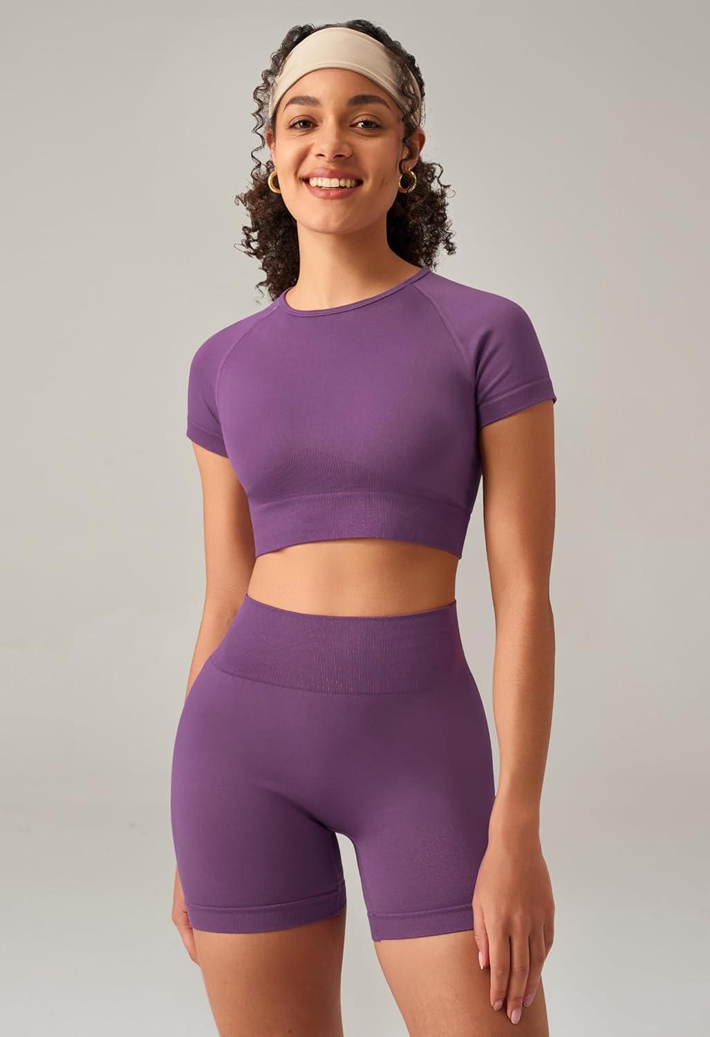imageOLCHEE Womens Workout Sets 2 Piece Seamless Acid Wash Yoga Outfits Shorts and Crop Top Matching Gym Athletic Clothing SetShortsleeve Shorts Solid Purple