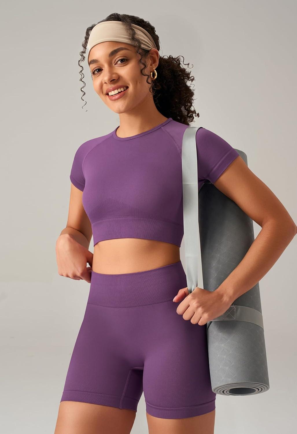 imageOLCHEE Womens Workout Sets 2 Piece Seamless Acid Wash Yoga Outfits Shorts and Crop Top Matching Gym Athletic Clothing SetShortsleeve Shorts Solid Purple