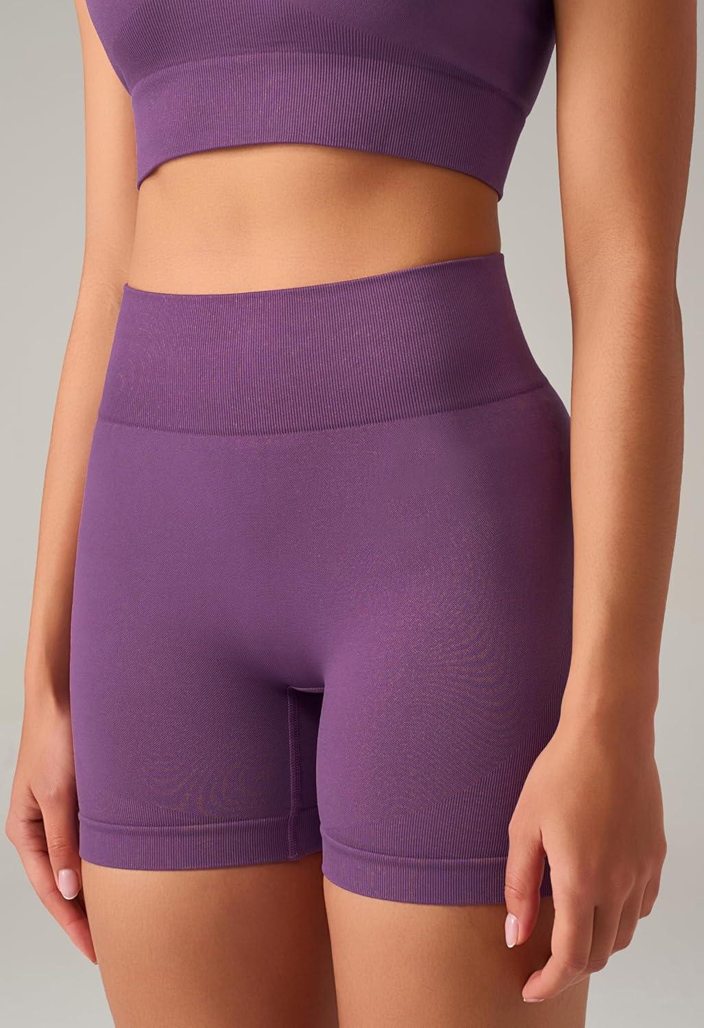 imageOLCHEE Womens Workout Sets 2 Piece Seamless Acid Wash Yoga Outfits Shorts and Crop Top Matching Gym Athletic Clothing SetShortsleeve Shorts Solid Purple