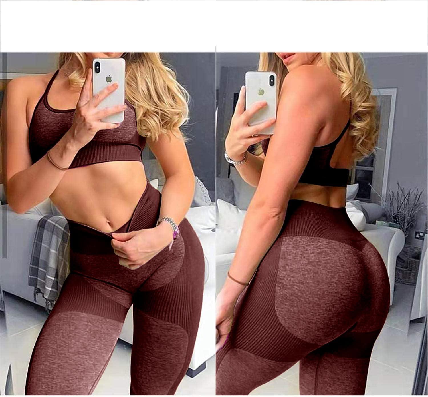 imageOLCHEE Womens Workout Sets 2 Piece Seamless Yoga Leggings and CrossStrap Sports Bra Gym Outfits Activewear Matching SetBra and Leggings Chocolate