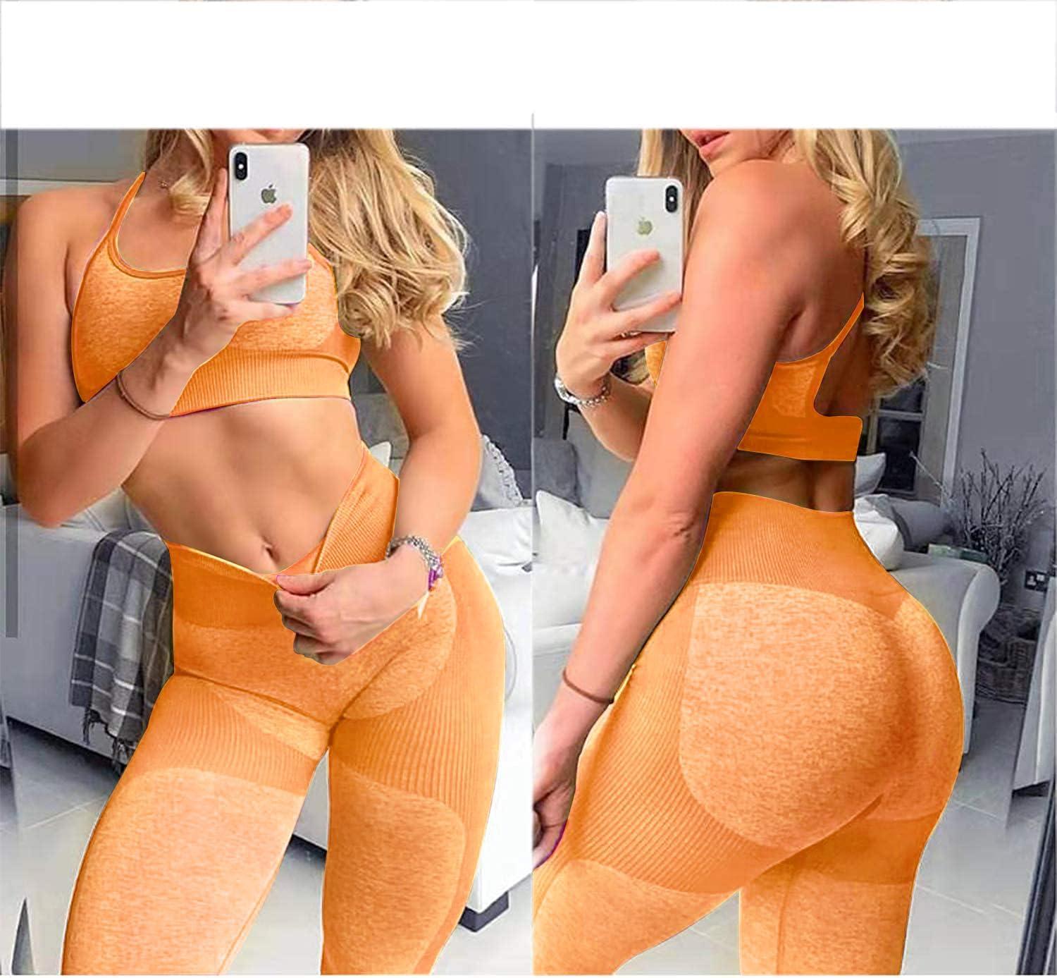 imageOLCHEE Womens Workout Sets 2 Piece Seamless Yoga Leggings and CrossStrap Sports Bra Gym Outfits Activewear Matching SetBra and Leggings Orange