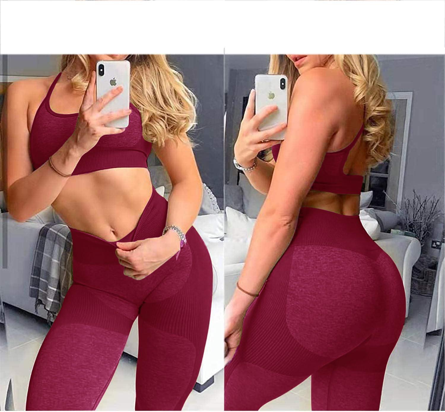 imageOLCHEE Womens Workout Sets 2 Piece Seamless Yoga Leggings and CrossStrap Sports Bra Gym Outfits Activewear Matching SetBra and Leggings Red