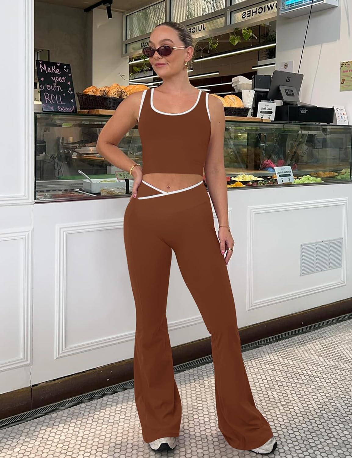 imageOLCHEE Womens Workout Sets 2 Piece Gym Yoga Outfits Crossover Flare Leggings Crop Tank Top with Contrast TrimChocolate