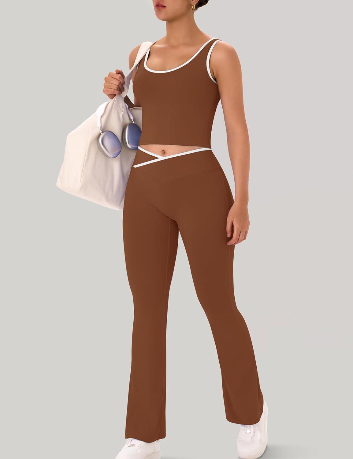 imageOLCHEE Womens Workout Sets 2 Piece Gym Yoga Outfits Crossover Flare Leggings Crop Tank Top with Contrast TrimChocolate