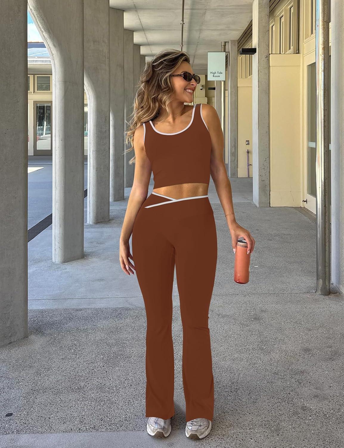 imageOLCHEE Womens Workout Sets 2 Piece Gym Yoga Outfits Crossover Flare Leggings Crop Tank Top with Contrast TrimChocolate