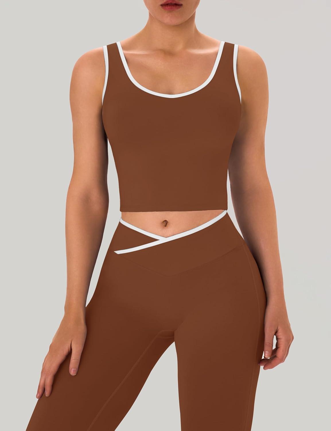 imageOLCHEE Womens Workout Sets 2 Piece Gym Yoga Outfits Crossover Flare Leggings Crop Tank Top with Contrast TrimChocolate