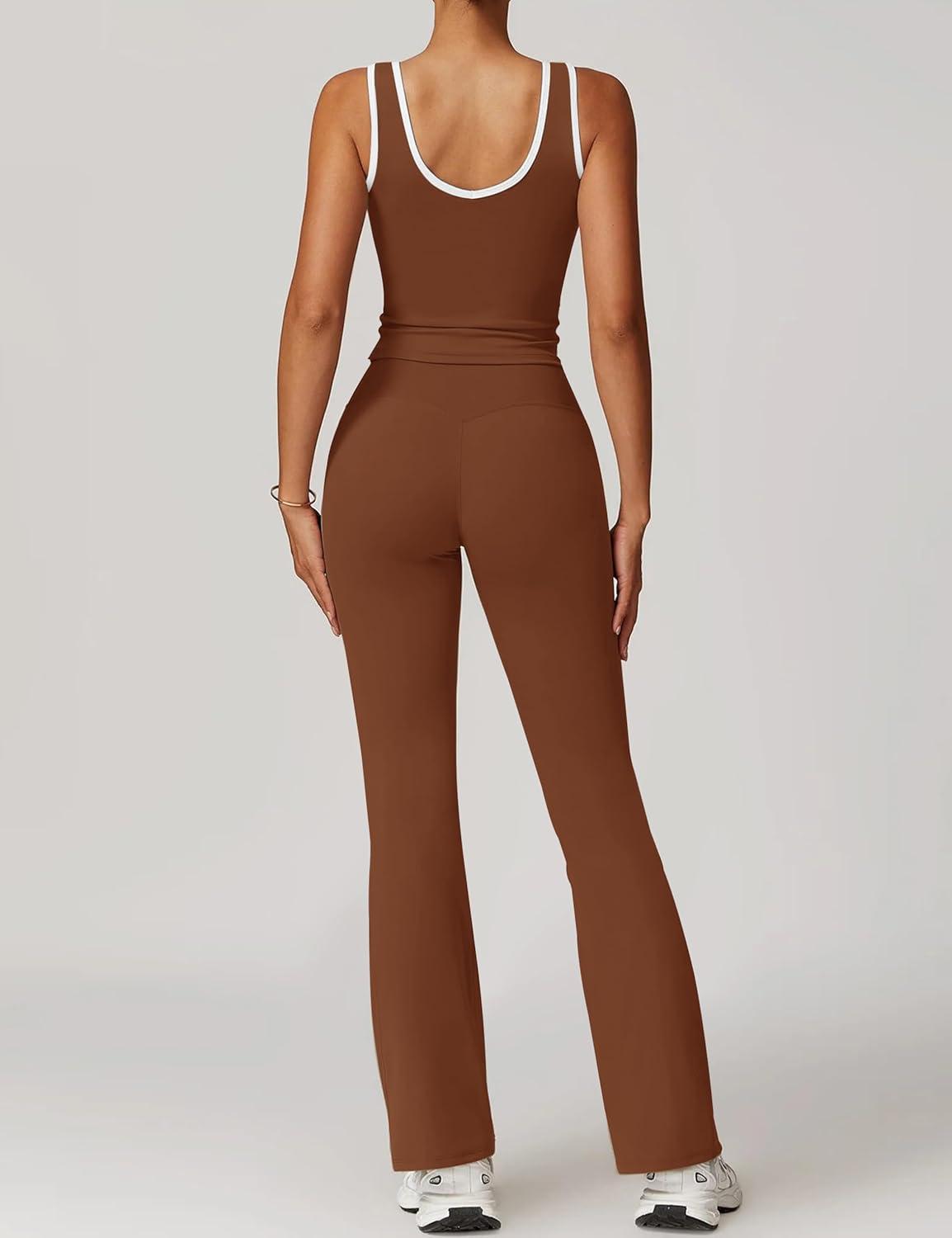 imageOLCHEE Womens Workout Sets 2 Piece Gym Yoga Outfits Crossover Flare Leggings Crop Tank Top with Contrast TrimChocolate