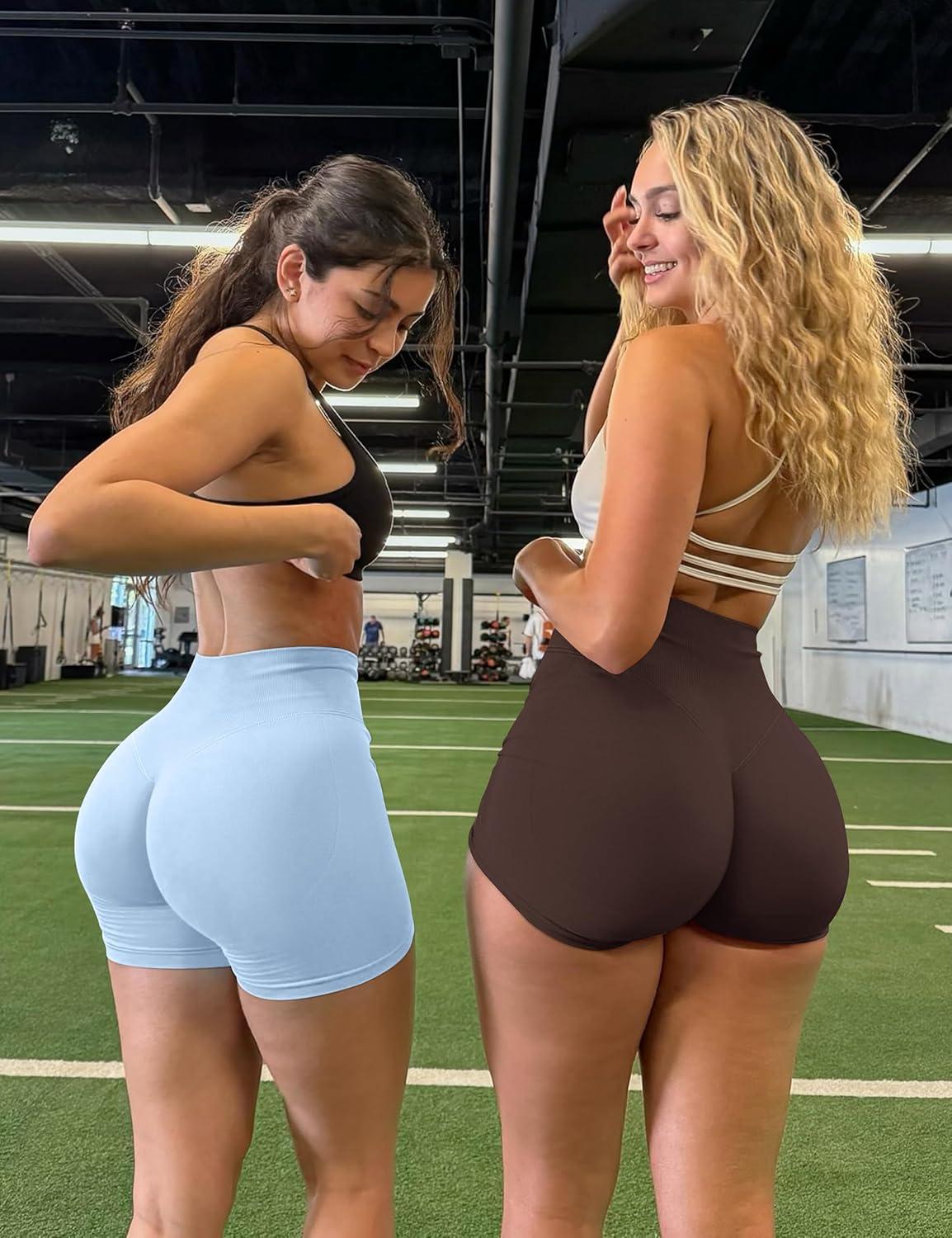 imageOLCHEE Womens Workout Shorts Seamless Scrunch Butt Lifting 3 Pack Yoga Gym Athletic High Waisted Tummy Control Booty 41quotBlackbrownlight Blue