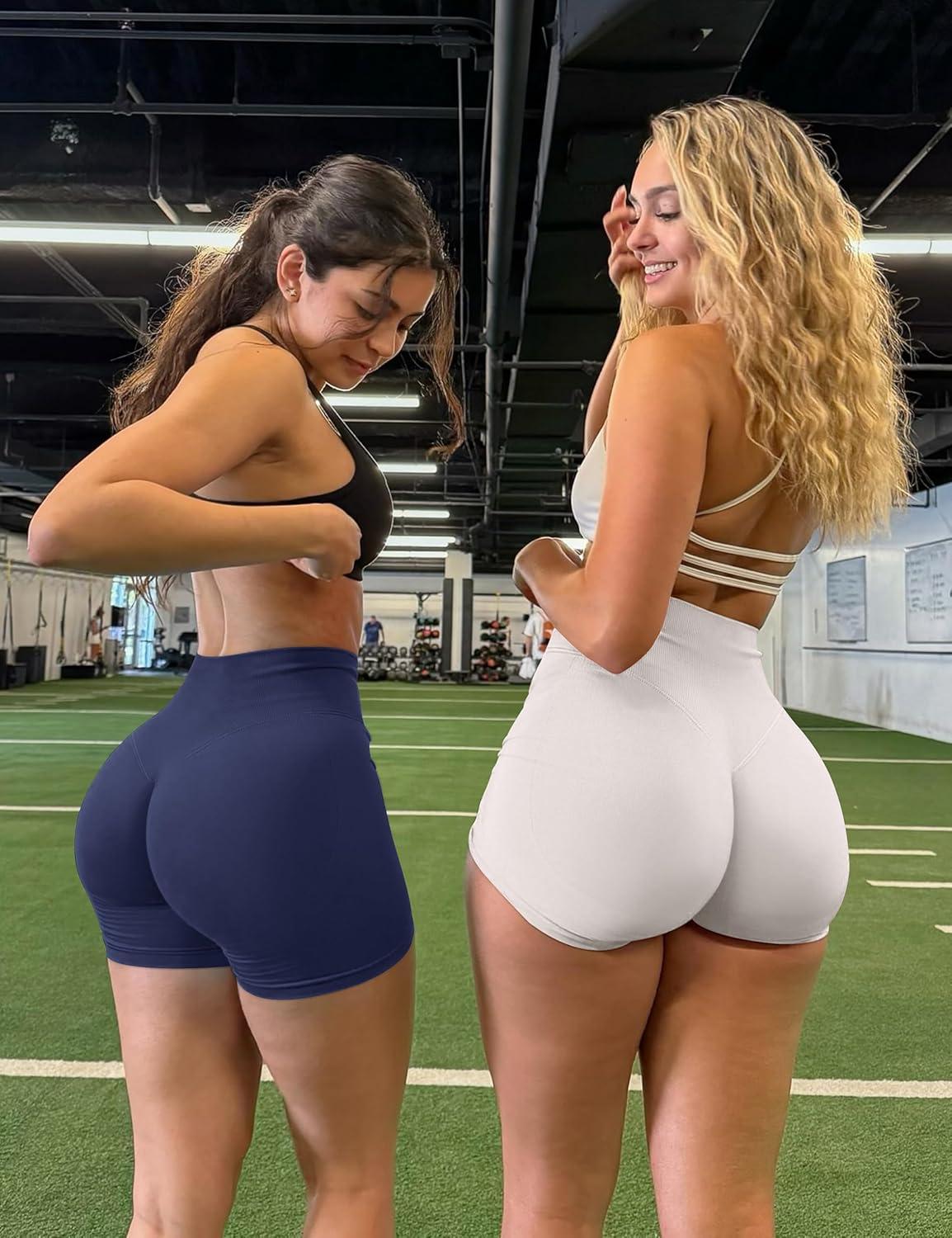 imageOLCHEE Womens Workout Shorts Seamless Scrunch Butt Lifting 3 Pack Yoga Gym Athletic High Waisted Tummy Control Booty 41quotNavybeigelight Pink