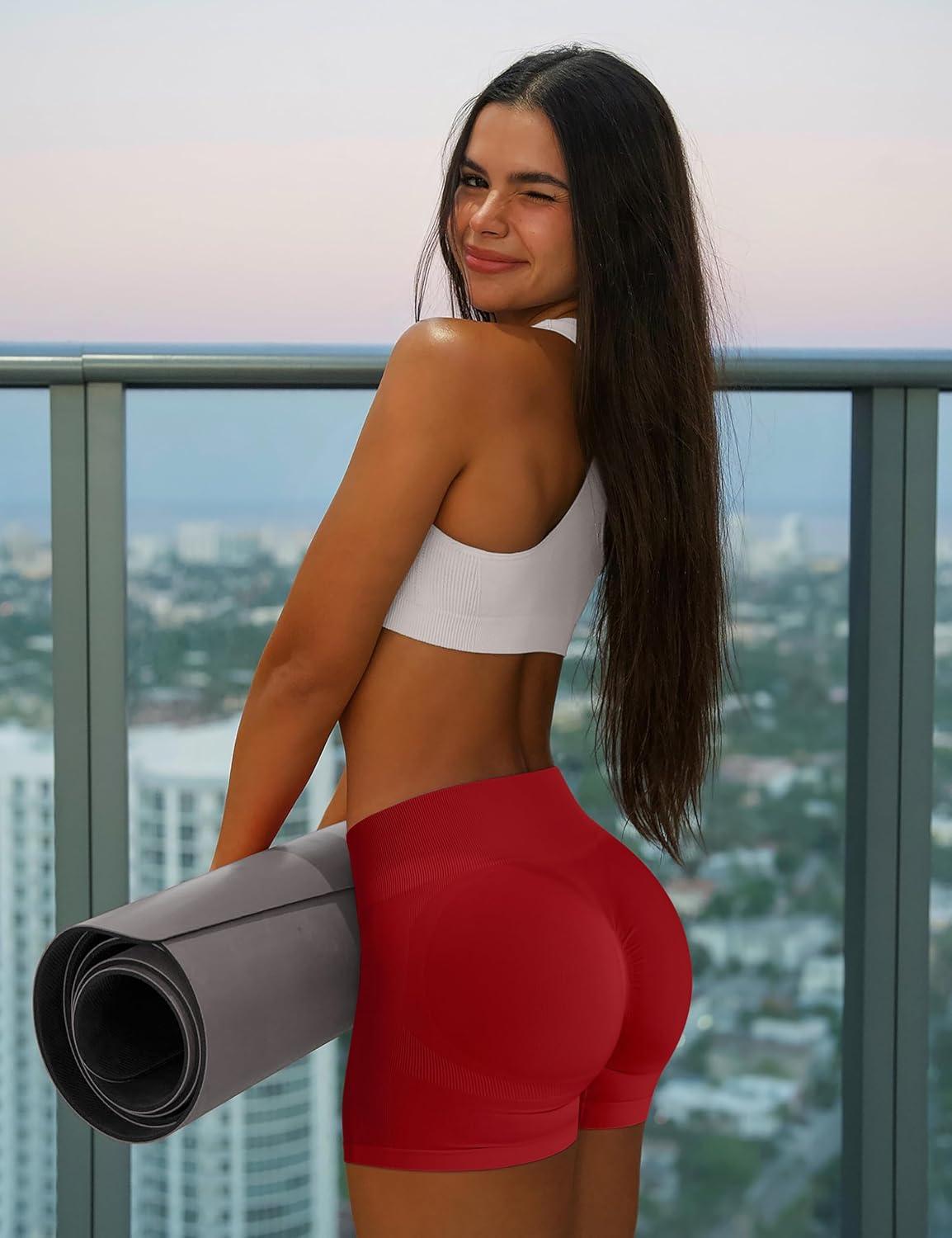 imageOLCHEE Womens Workout Shorts Seamless Scrunch Butt Lifting 3 Pack Yoga Gym Athletic High Waisted Tummy Control Booty 41quotStyle2 Black Brown Red