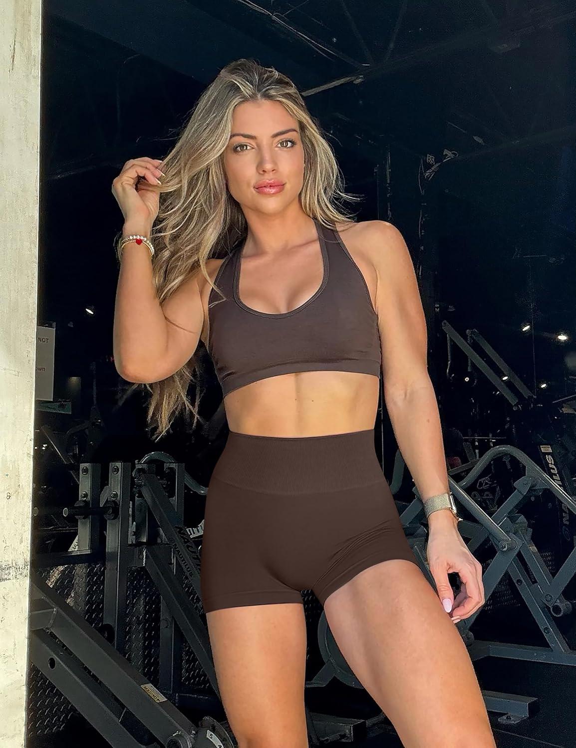 imageOLCHEE Womens Workout Shorts Seamless Scrunch Butt Lifting 3 Pack Yoga Gym Athletic High Waisted Tummy Control Booty 41quotStyle2 Black Brown Red