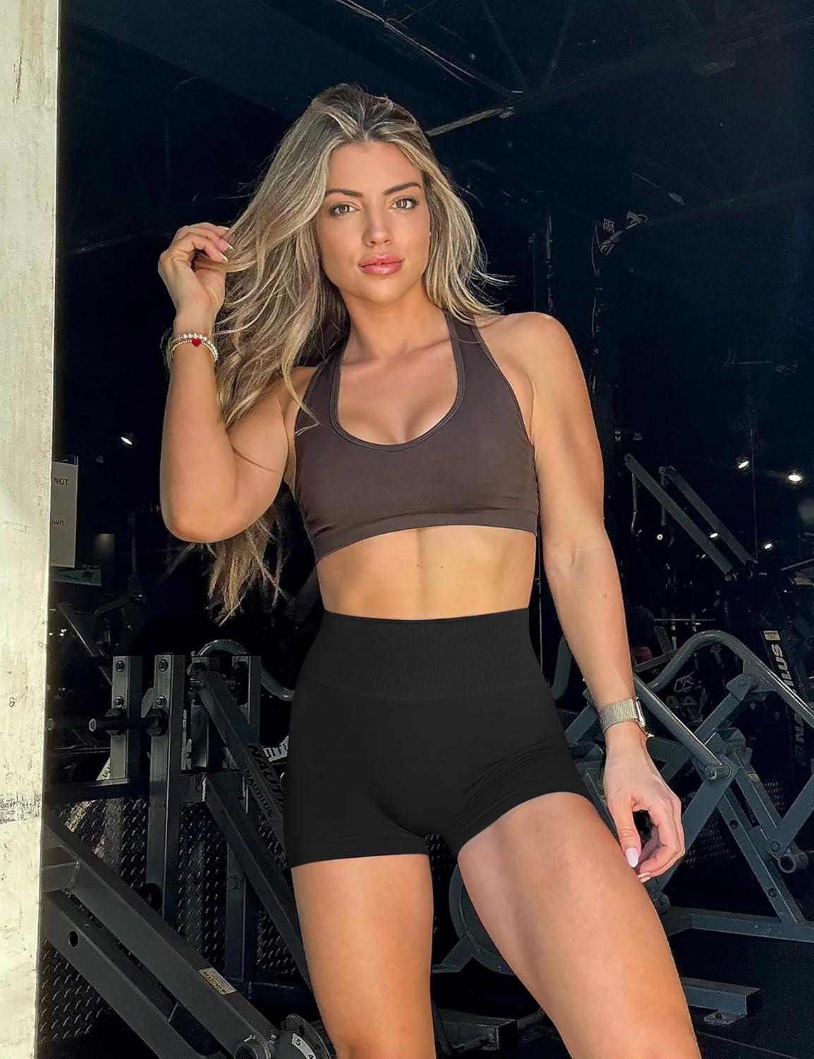 imageOLCHEE Womens Workout Shorts Seamless Scrunch Butt Lifting 3 Pack Yoga Gym Athletic High Waisted Tummy Control Booty 41quotStyle2black Beige Navy