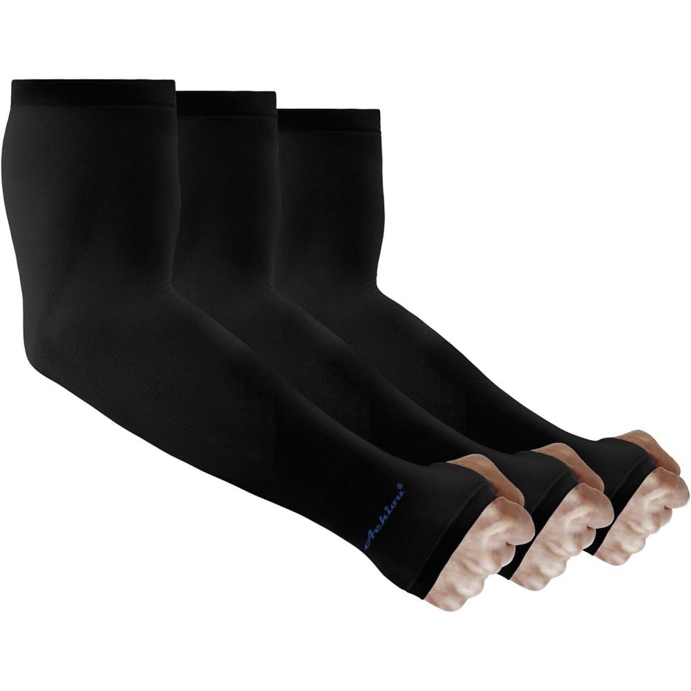 imageAchiou Arm Sun Sleeves Compression UV Protection Cooling for Men Women Summer Sunblock Basketball Football Cover Arms Tattoo3 Pairs Black