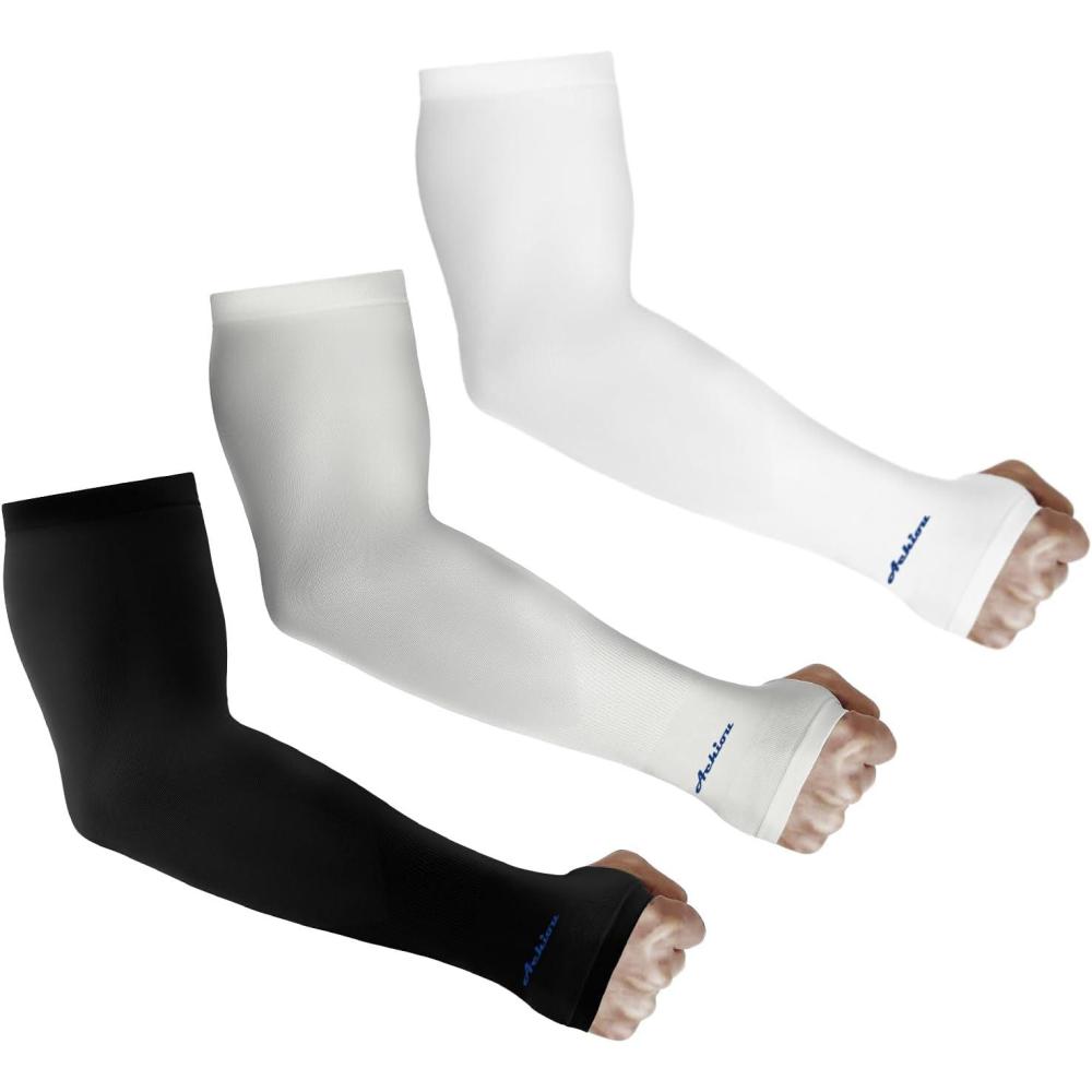 imageAchiou Arm Sun Sleeves Compression UV Protection Cooling for Men Women Summer Sunblock Basketball Football Cover Arms Tattoo3 Pairs Black white grey