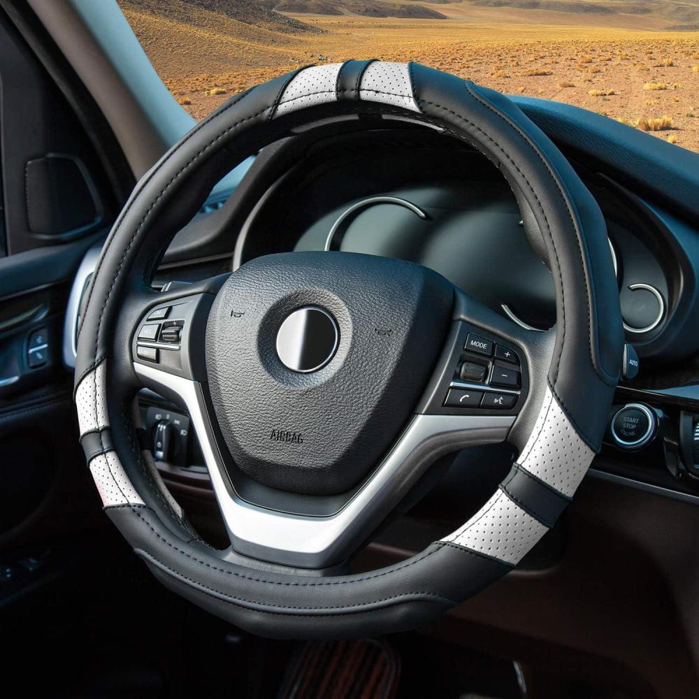 imageAchiou Blue Car Steering Wheel Cover Universal 15 inch with Grip Contours Leather Auto for Men and Women NonSlip Breathable Soft and ComfortableBlack  White