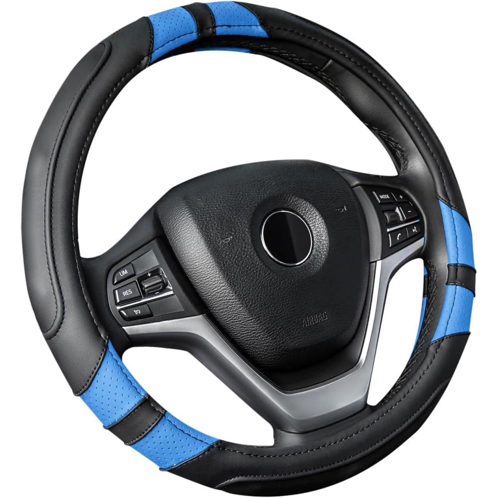 imageAchiou Blue Car Steering Wheel Cover Universal 15 inch with Grip Contours Leather Auto for Men and Women NonSlip Breathable Soft and ComfortableBlack Blue