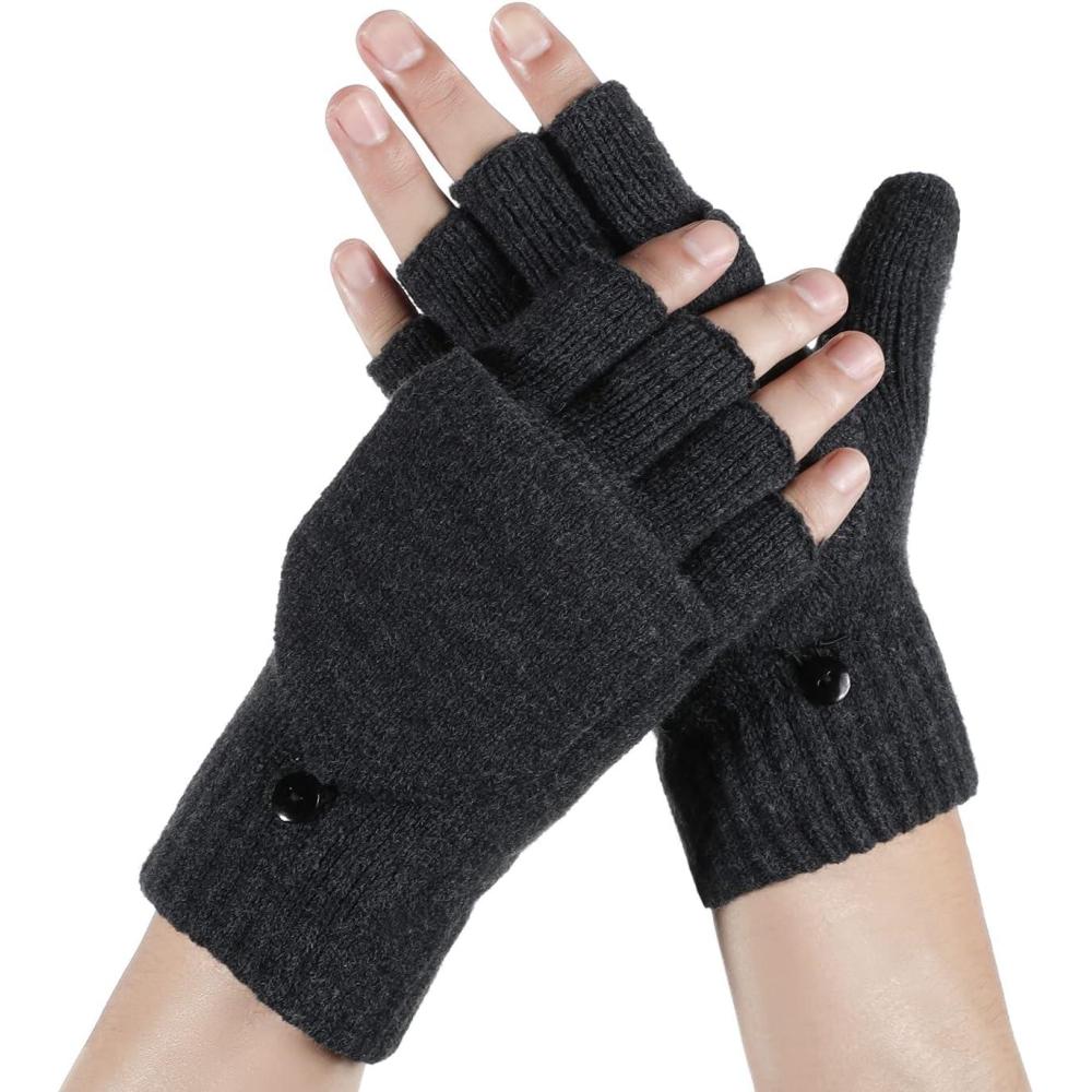 imageAchiou Convertible Mittens Fingerless Gloves for Men and Women Thermal Knit Touchscreen Gloves with Flip CoverDarkgray