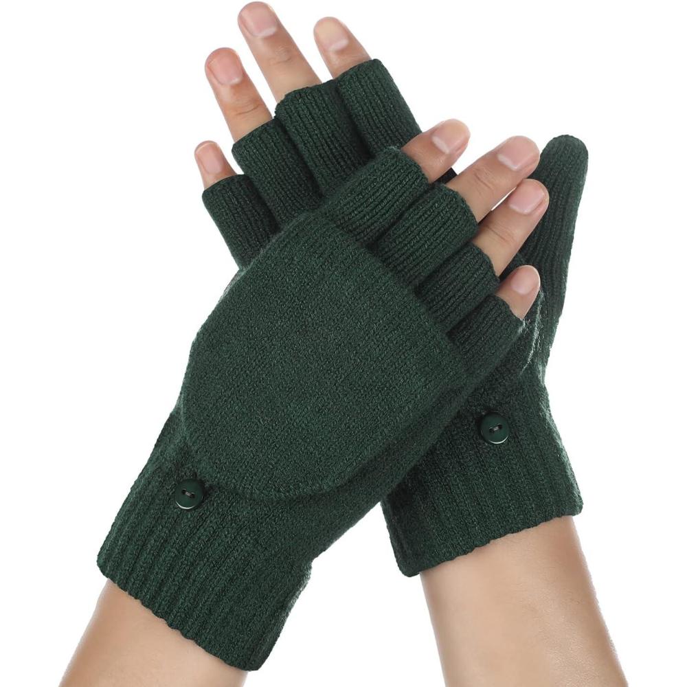 imageAchiou Convertible Mittens Fingerless Gloves for Men and Women Thermal Knit Touchscreen Gloves with Flip CoverGreen