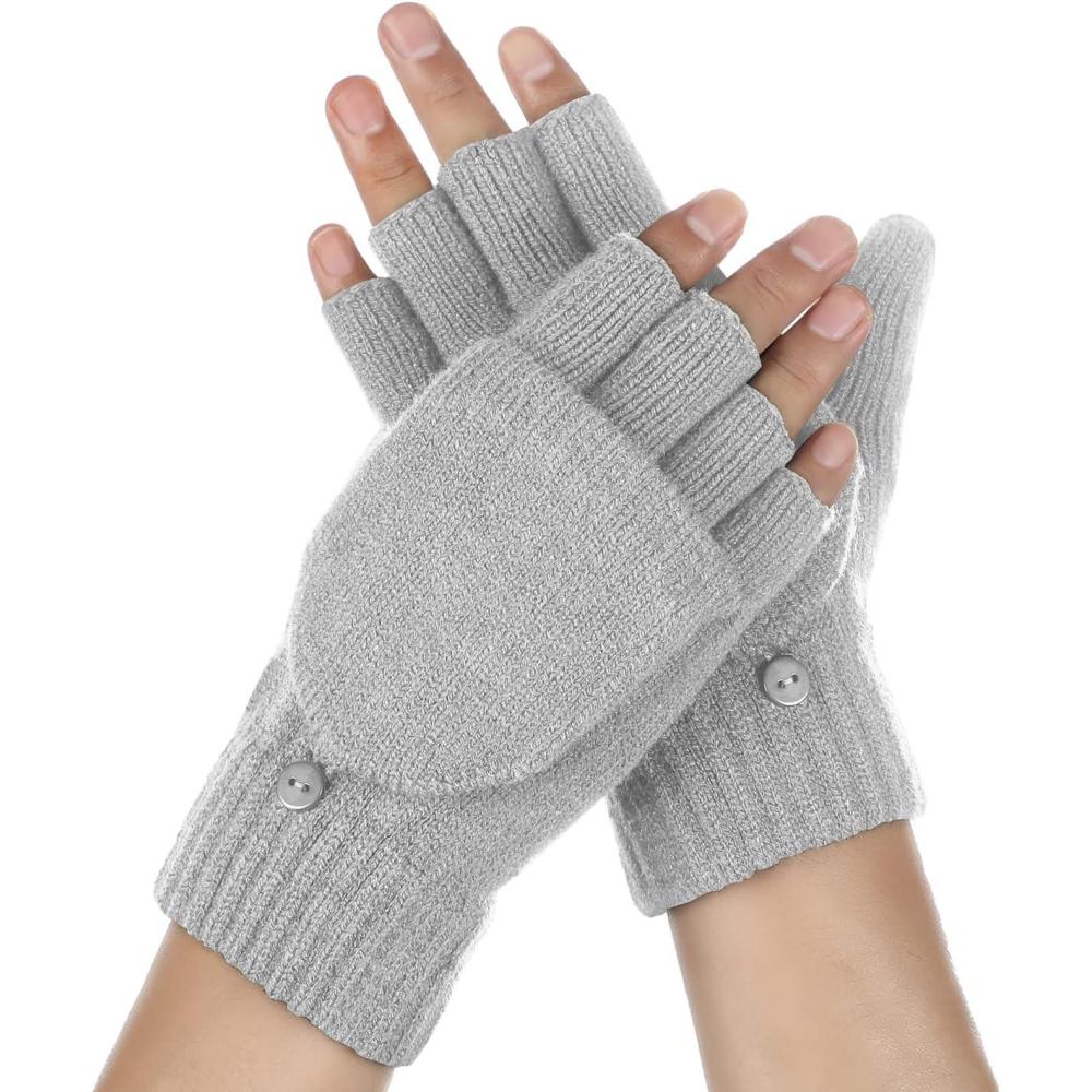 imageAchiou Convertible Mittens Fingerless Gloves for Men and Women Thermal Knit Touchscreen Gloves with Flip CoverGrey