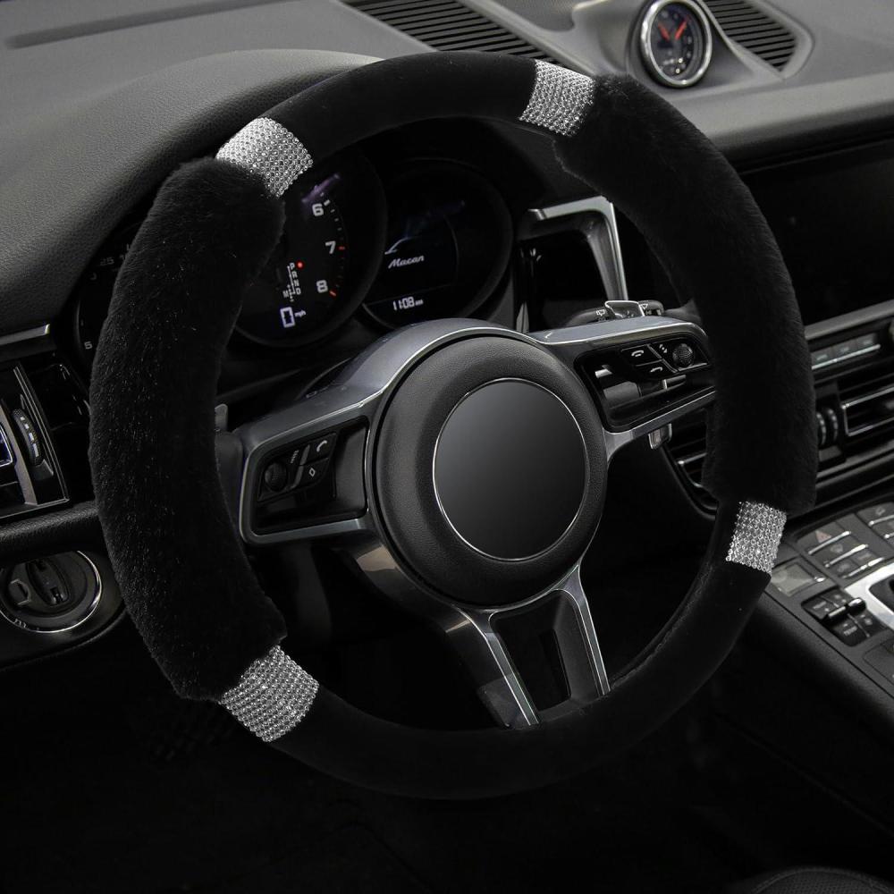 imageAchiou Rhinestone Fluffy Steering Wheel Cover  Comfortable NonSlip Luxury Faux Wool Universal Fit for 145quot to 15quot Steering WheelsBlack and Black