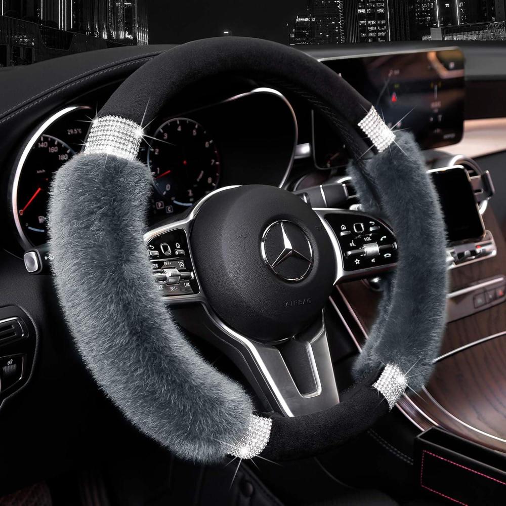 imageAchiou Rhinestone Fluffy Steering Wheel Cover  Comfortable NonSlip Luxury Faux Wool Universal Fit for 145quot to 15quot Steering WheelsBlack and Gray