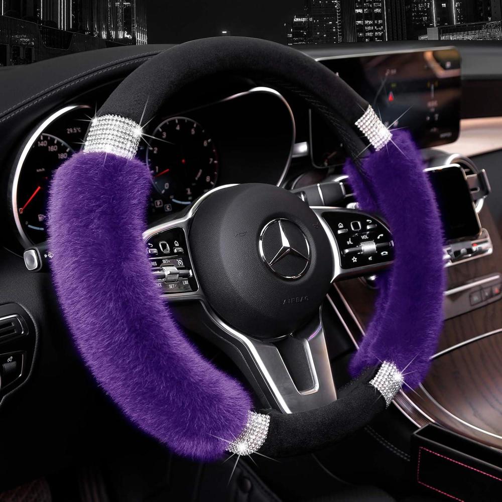 imageAchiou Rhinestone Fluffy Steering Wheel Cover  Comfortable NonSlip Luxury Faux Wool Universal Fit for 145quot to 15quot Steering WheelsBlack and Purple