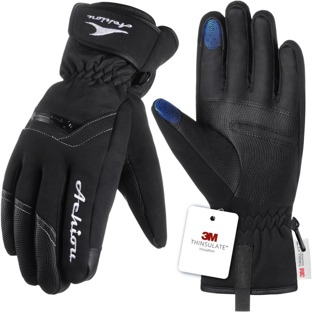 imageAchiou Ski Snow Gloves Winter Warm 3M Thinsulate Waterproof Touchscreen Men WomenNew Black