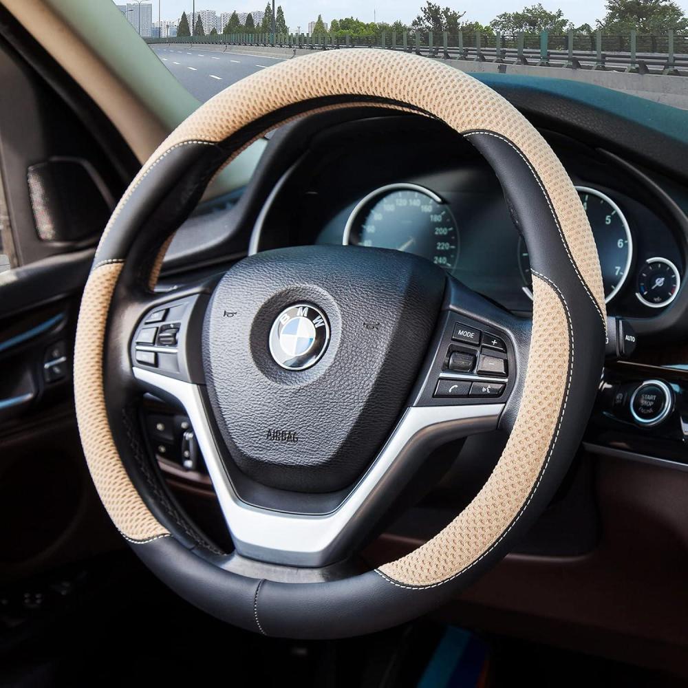 imageAchiou Steering Wheel Cover Microfiber Leather and Viscose Breathable Mesh Universal 14515 inch Refreshing and ComfortableWheat and Black