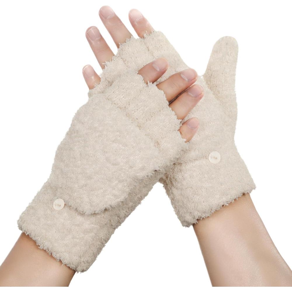 imageAchiou Warm Fingerless Gloves for Women Men Convertible Winter Fingerless Mittens with Fliptop Cover Knitted Wool FabricBeige