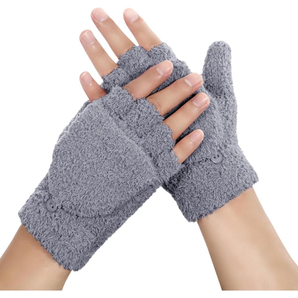 imageAchiou Warm Fingerless Gloves for Women Men Convertible Winter Fingerless Mittens with Fliptop Cover Knitted Wool FabricGrey