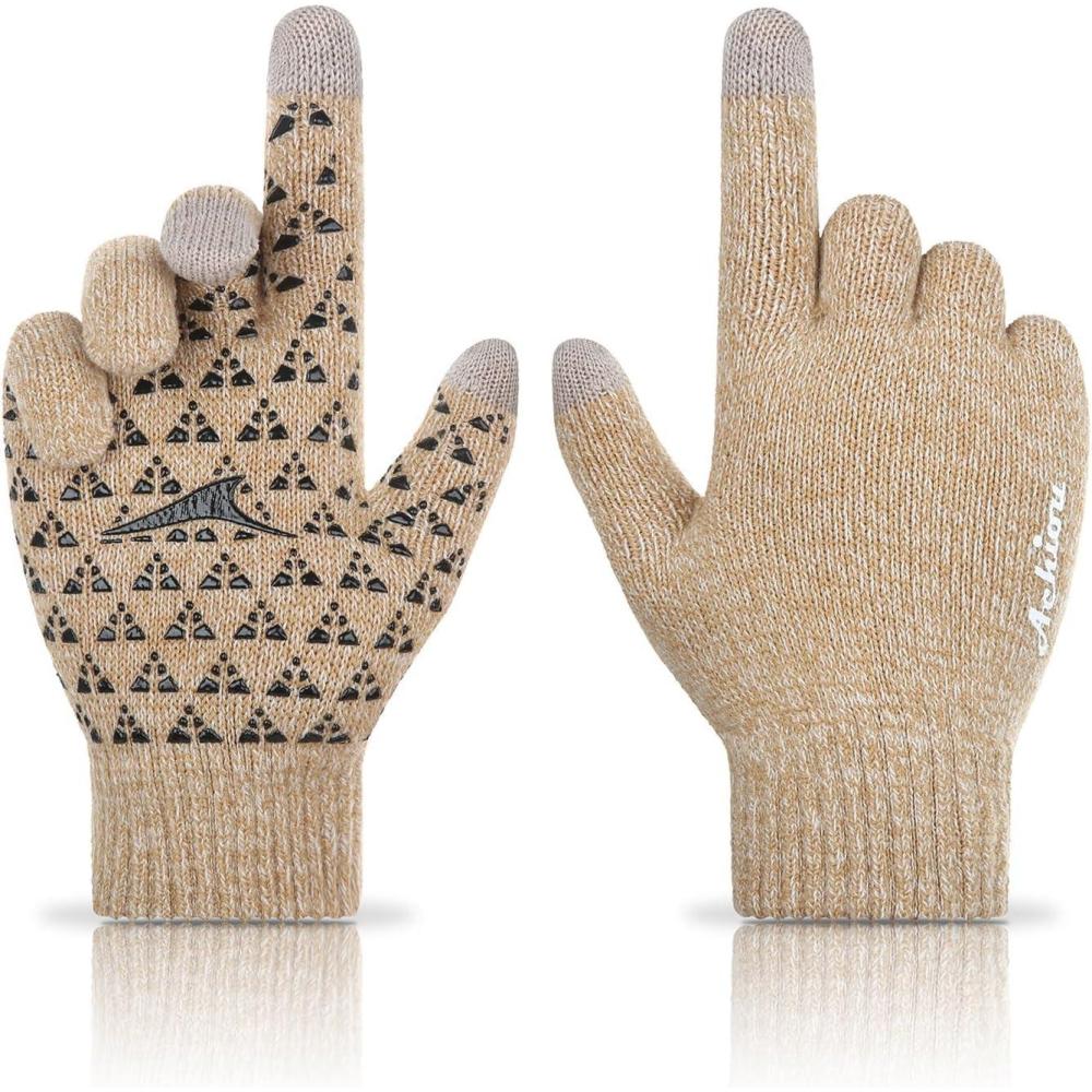 imageAchiou Winter Gloves Glove for Men Women Upgraded Touch Screen Texting Warm Running with Thermal Soft Knit LiningWhite  Khaki