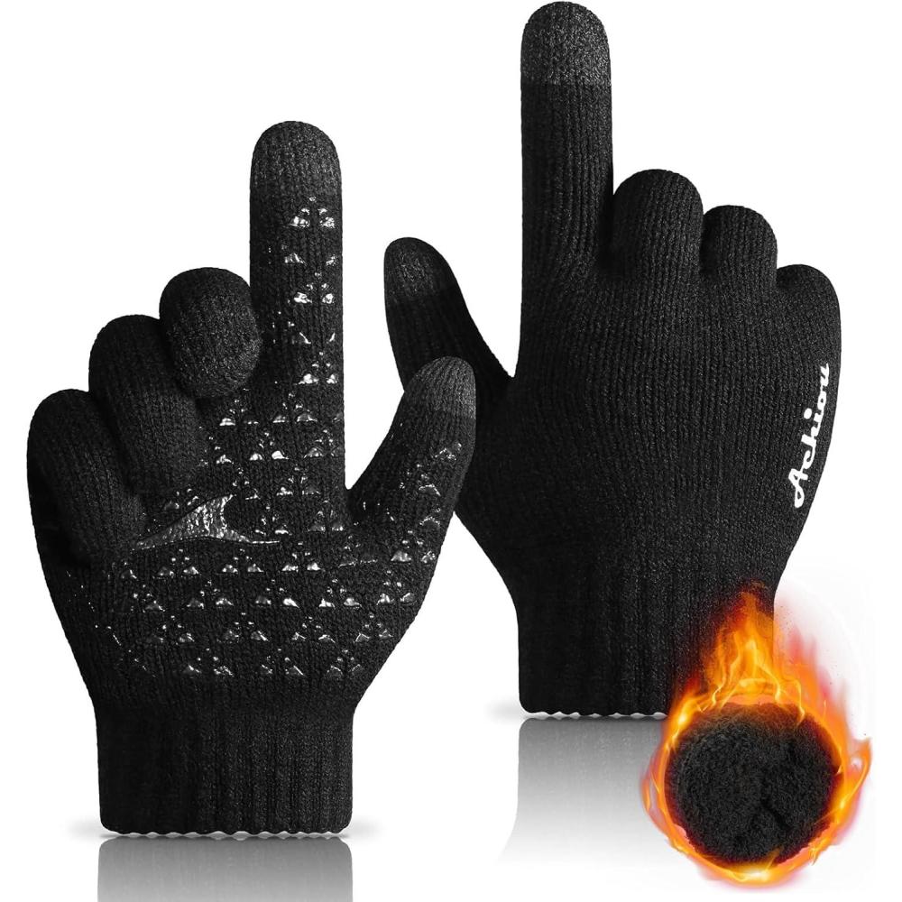 imageAchiou Winter Gloves for Men Women Touch Screen Gloves Upgraded Thicken AntiSlip Silicone Gel Thermal Soft Knit LiningBlack Thick
