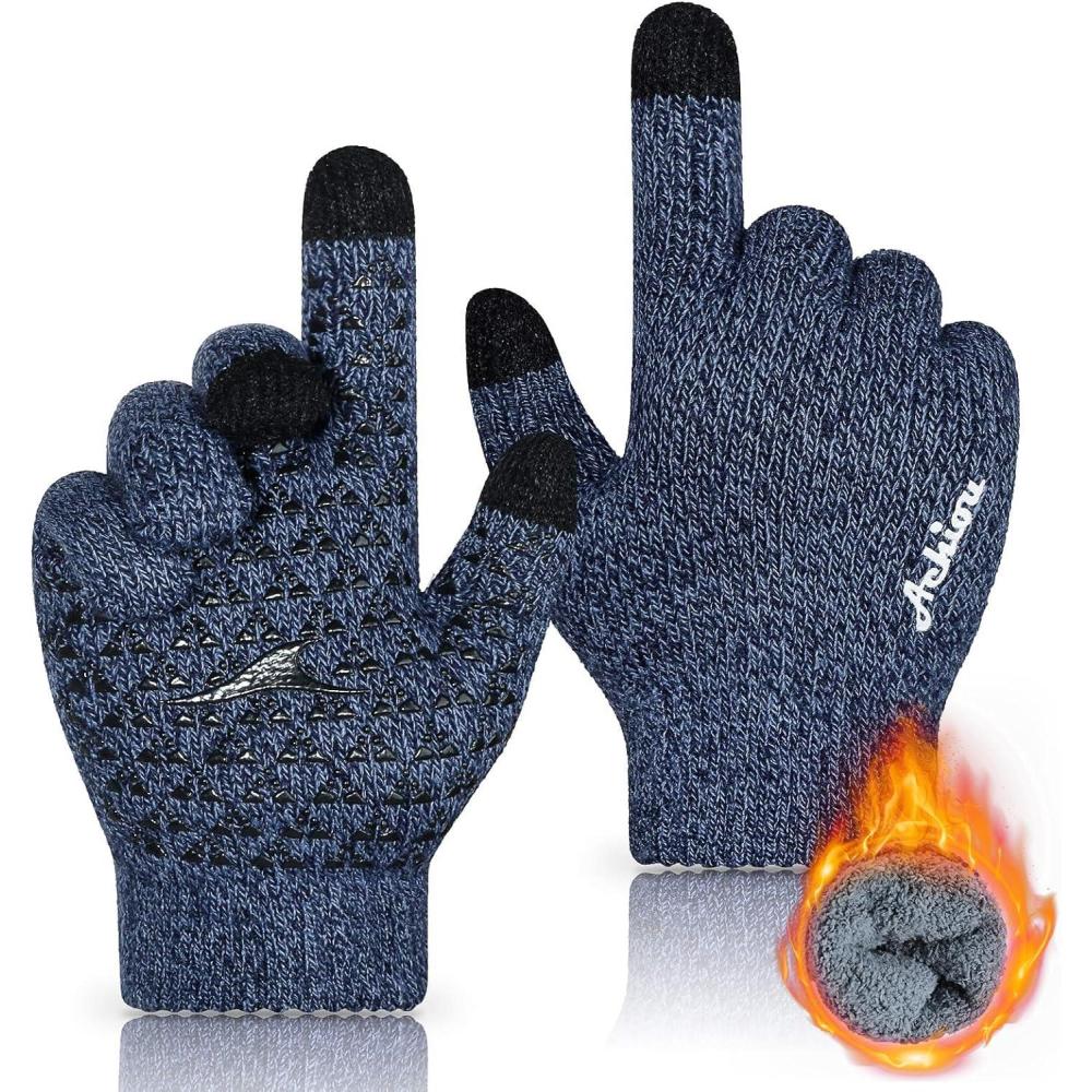 imageAchiou Winter Gloves for Men Women Touch Screen Gloves Upgraded Thicken AntiSlip Silicone Gel Thermal Soft Knit LiningBlue Thick