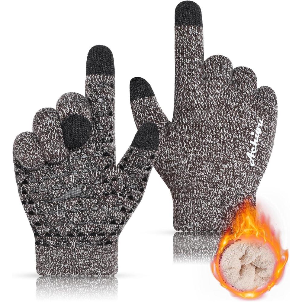 imageAchiou Winter Gloves for Men Women Touch Screen Gloves Upgraded Thicken AntiSlip Silicone Gel Thermal Soft Knit LiningCoffee  White