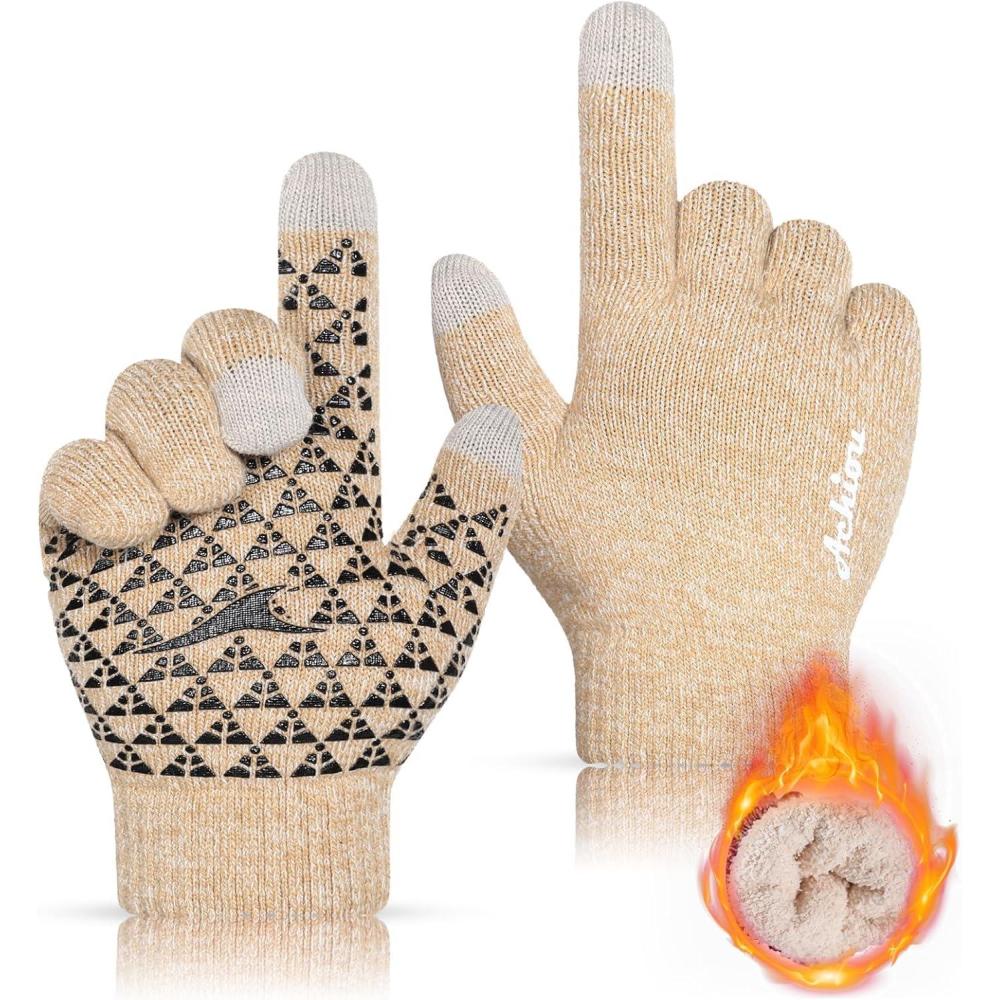 imageAchiou Winter Gloves for Men Women Touch Screen Gloves Upgraded Thicken AntiSlip Silicone Gel Thermal Soft Knit LiningWhite  Khaki
